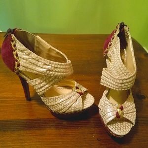Poetic Licence Gold/Purple Peep Toe Heels 7.5 NEW